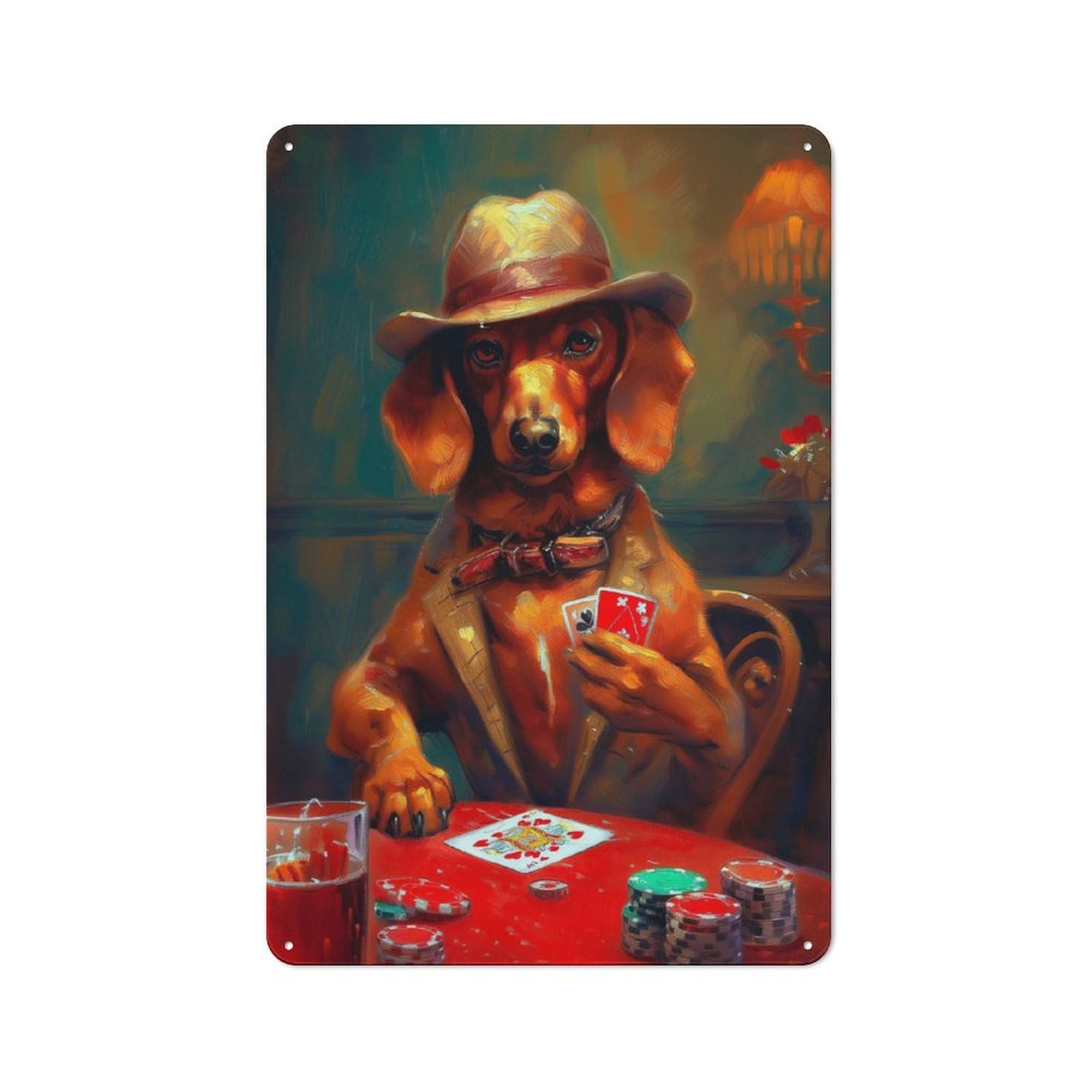 Junmoney Dachshund Plays Poker Tin Wall Plaque 30X20cm With For Home Bar Wall, For Hosts Who Enjoy Retro Interiors