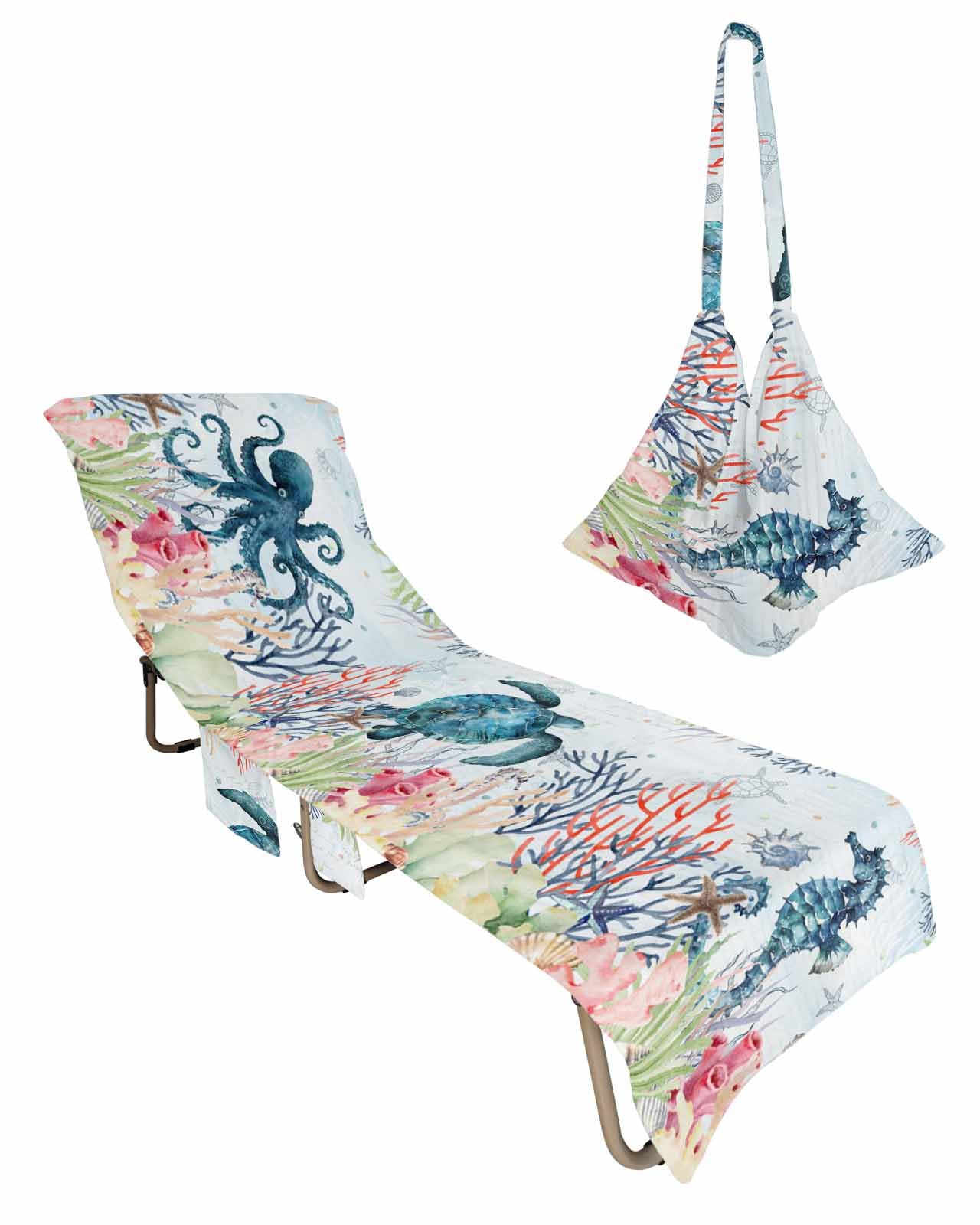 Turtle Beach Lounge Chair Towel Cover, Soft Chaise Lounge Towel with Side Pockets Patio Pool Chairs Cover for Beach/Pool Sunbathing 29x85 Coastal Nautical Octopus Coral Starfish Navy Blue