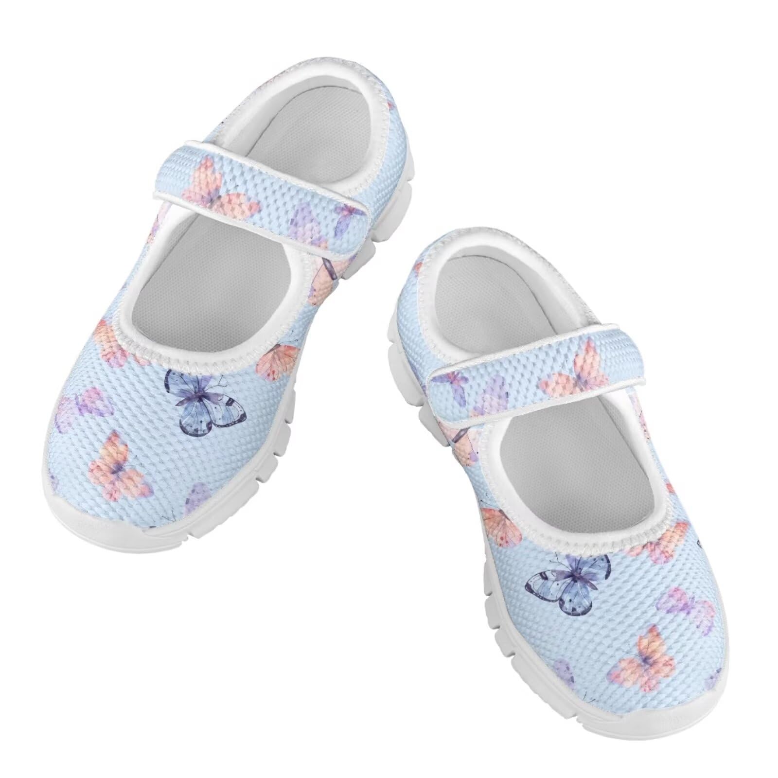 Glomenade Mary Jane Shoes for Girls Blue Butterfly Non Slip Toddler Dress Shoes Casual School Party Shoes with One Strap for Travel Hiking