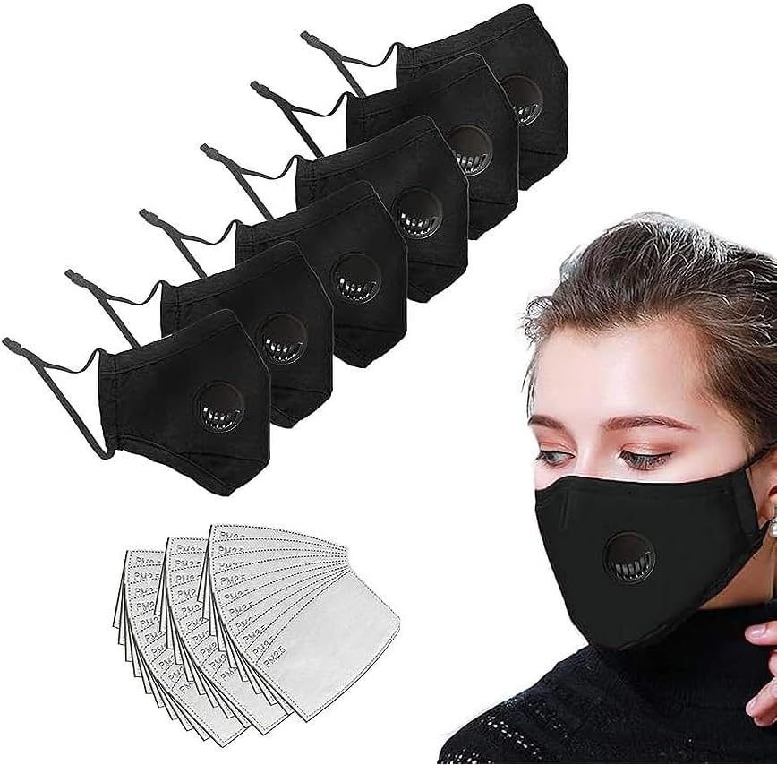 Black cotton mask with breathing valve, equipped with 30 activated carbon filters, washable and reusable. (6-pack)