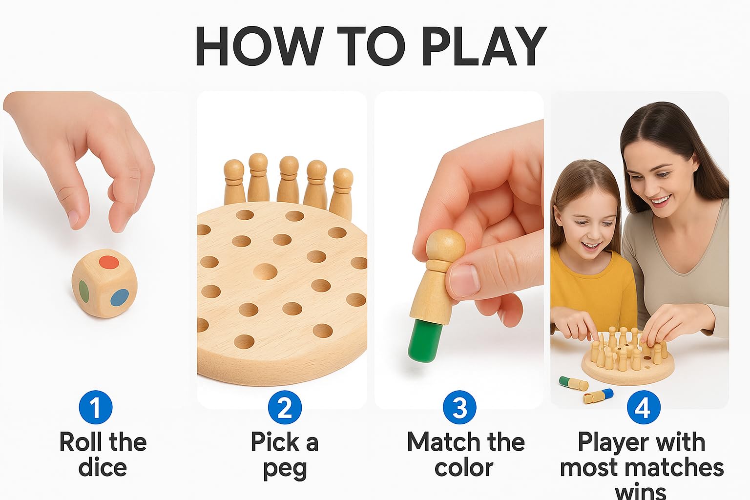 Wooden Memory Match Game Set, Educational Circle Board with Colored Pegs, Classic Concentration Training Toy for Kids 2