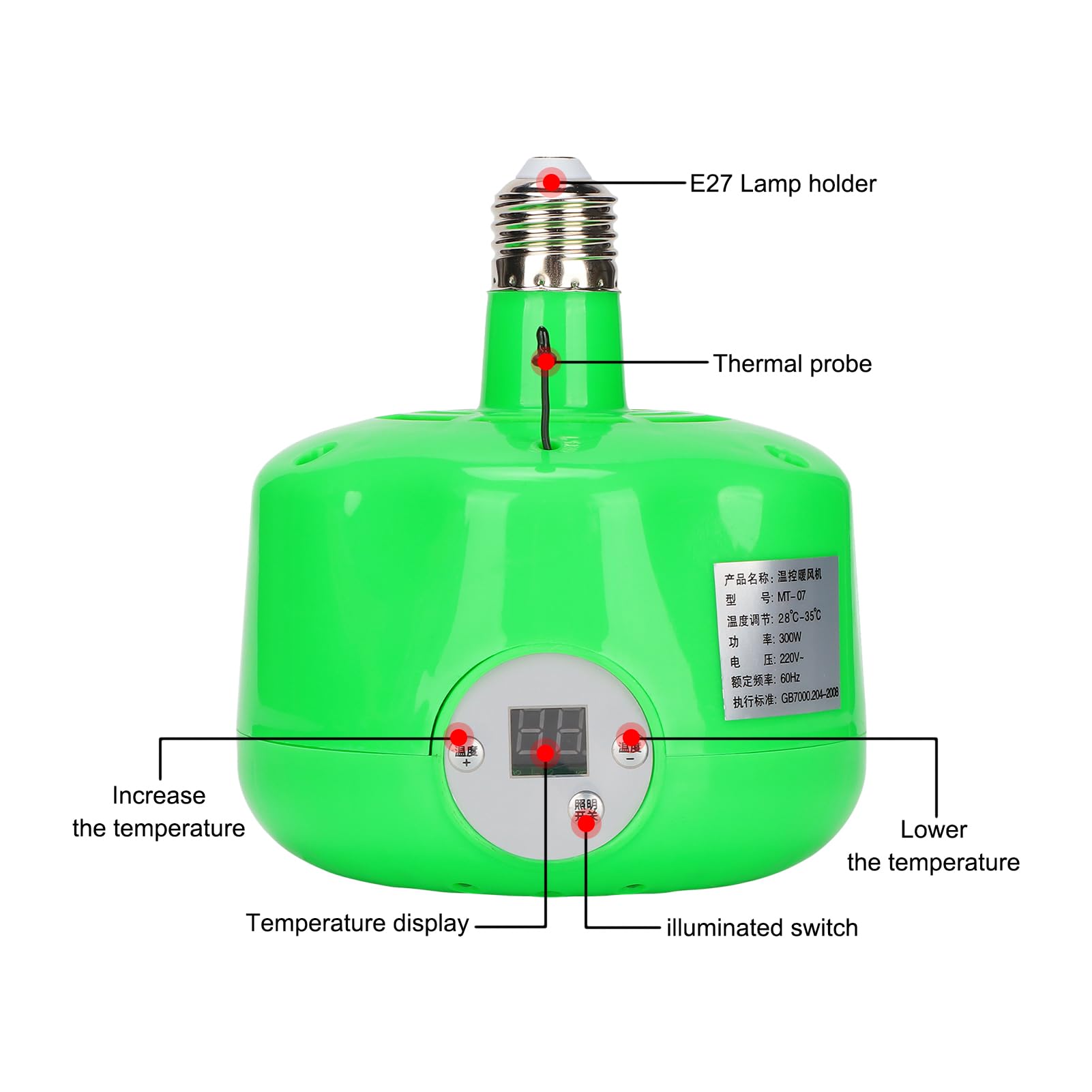 E27 300W Lámpara de calefacción para gallinero con control de temperatura LCD, ajustable 28-35℃, luz cálida y ventilación para aves de corral, patos, gansos, reptiles y animales pequeños