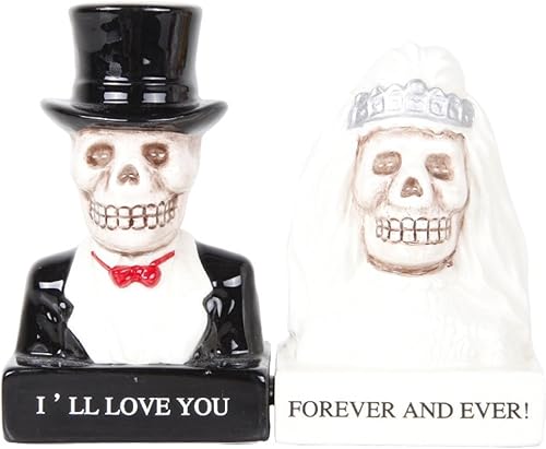 Pacific Giftware Love Never Dies Bride and Groom Day of the Dead Skeleton Couple - Juego de salero y pimentero magnético, caja de regalo de cerámica