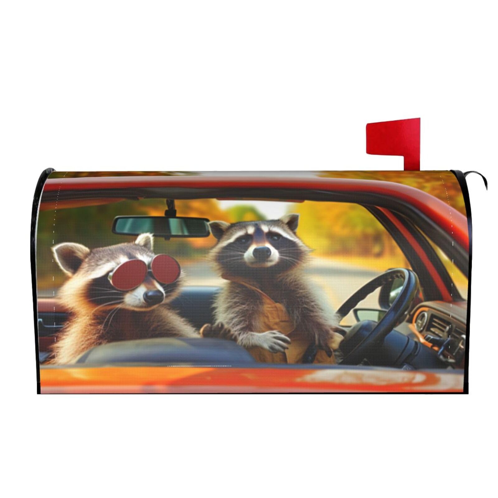 Raccoon Wearing Sunglasses Driving Car 03 Mailbox Covers Magnetic Wraps Post Letter Box Cover Garden Home Decor