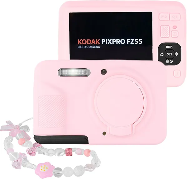 Seltureone Camera Case Compatible with KODAK PIXPRO FZ55 with Cute Camera Charm Wrist Strap, Soft Silicone Protective Case with Lens Cover Compatible with KODAK PIXPRO FZ55 Accessories - Two-tone Pink