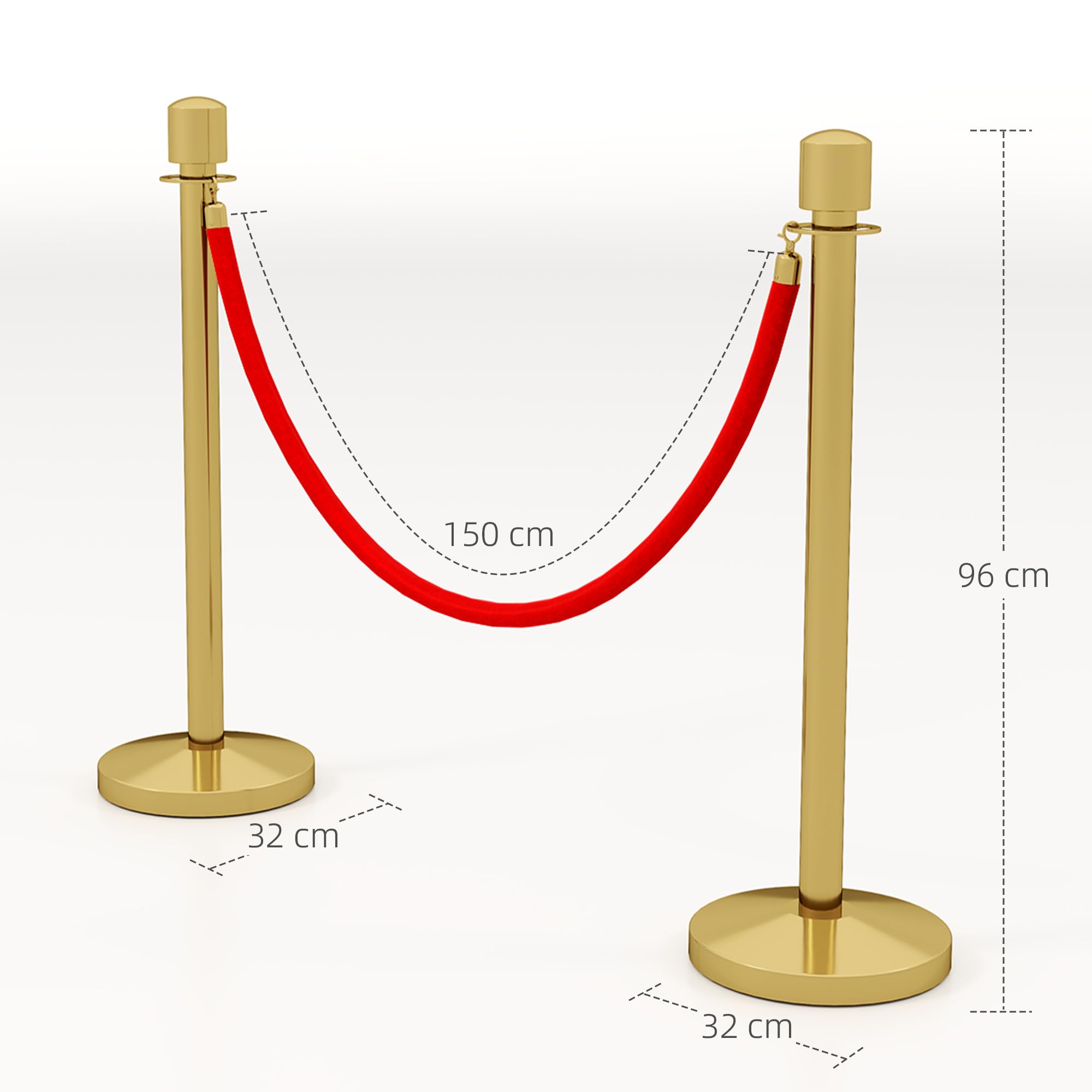 HOMCOM Juego de 2 Postes Separadores de Acero Inoxidable, Barreras de Seguridad con Cuerda de Terciopelo Roja 1,5 m y Base Rellenable de Agua, Dorado