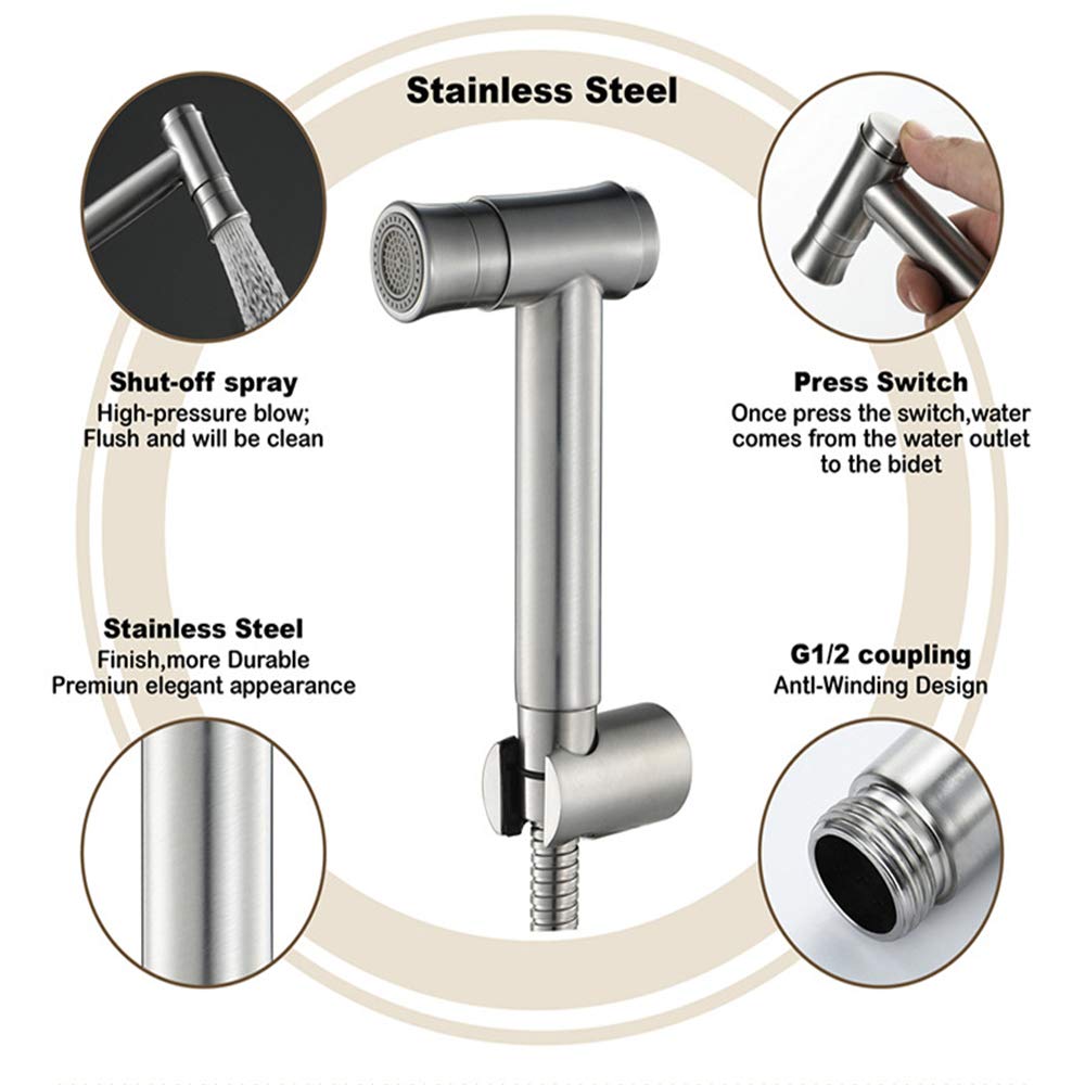 Set spruzzatore for Bidet Portatile, spruzzatore for Pannolini in Tessuto for Attacco WC, Bagno for Cani, Pulizia del Bagno e igiene Personale, Acciaio Inossidabile Spazzolato