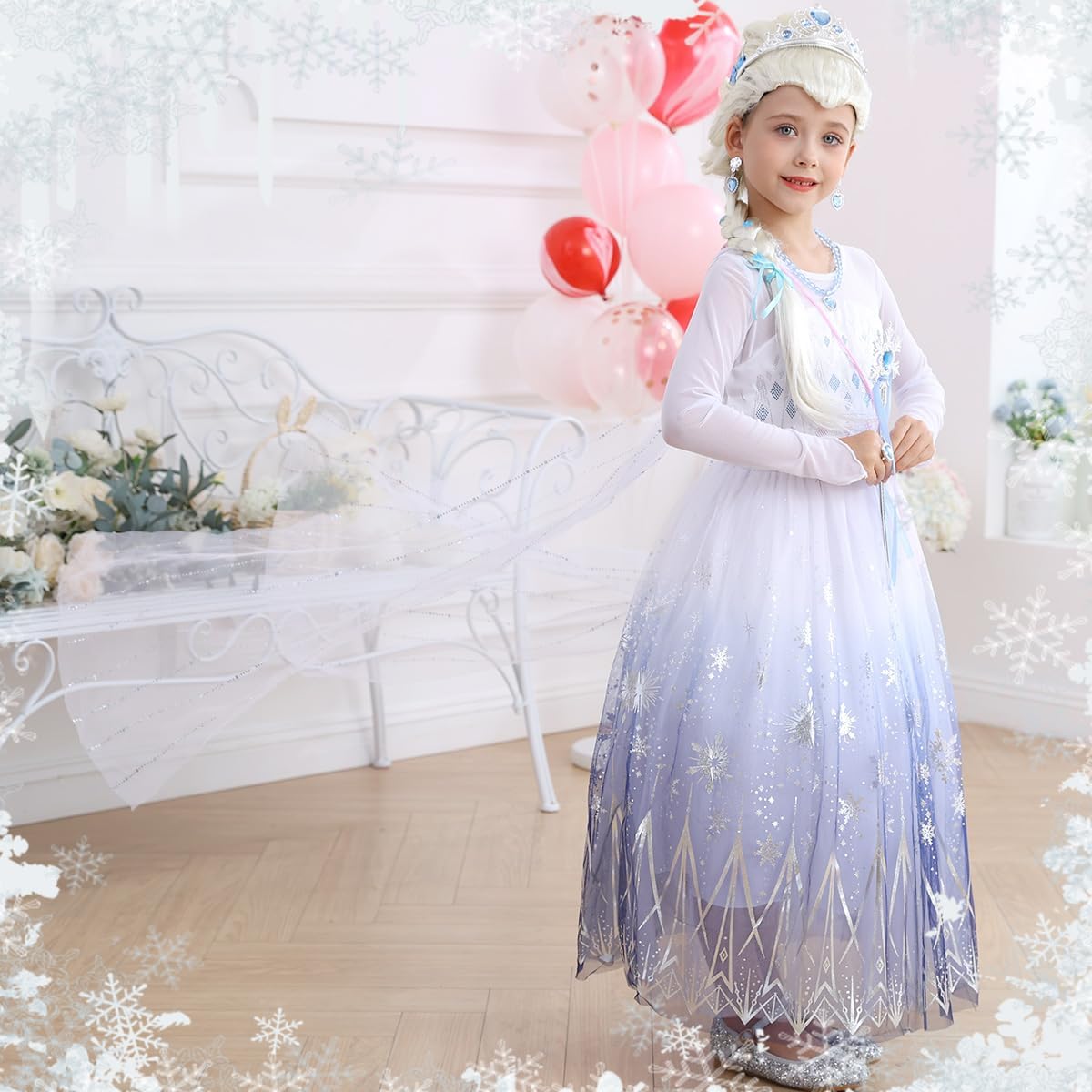 Elsa White Princess Dress for Girls Halloween Costume Kids Birthday Party Long Sleeve Outfit with Wig Accessories
