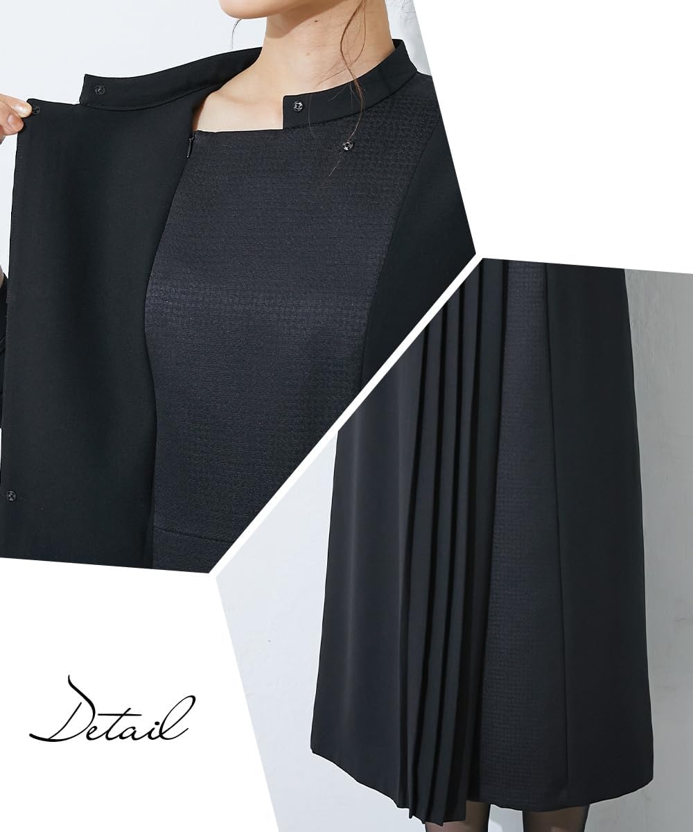 日本製 ブラックフォーマル 前開きアンサンブル 北陸ジャガード [ニッセン] ブラックフォーマル 【喪服・礼服】 防しわ北陸ジャガード切替デザインプリーツアンサンブル 大きいサイズ有〔Callar