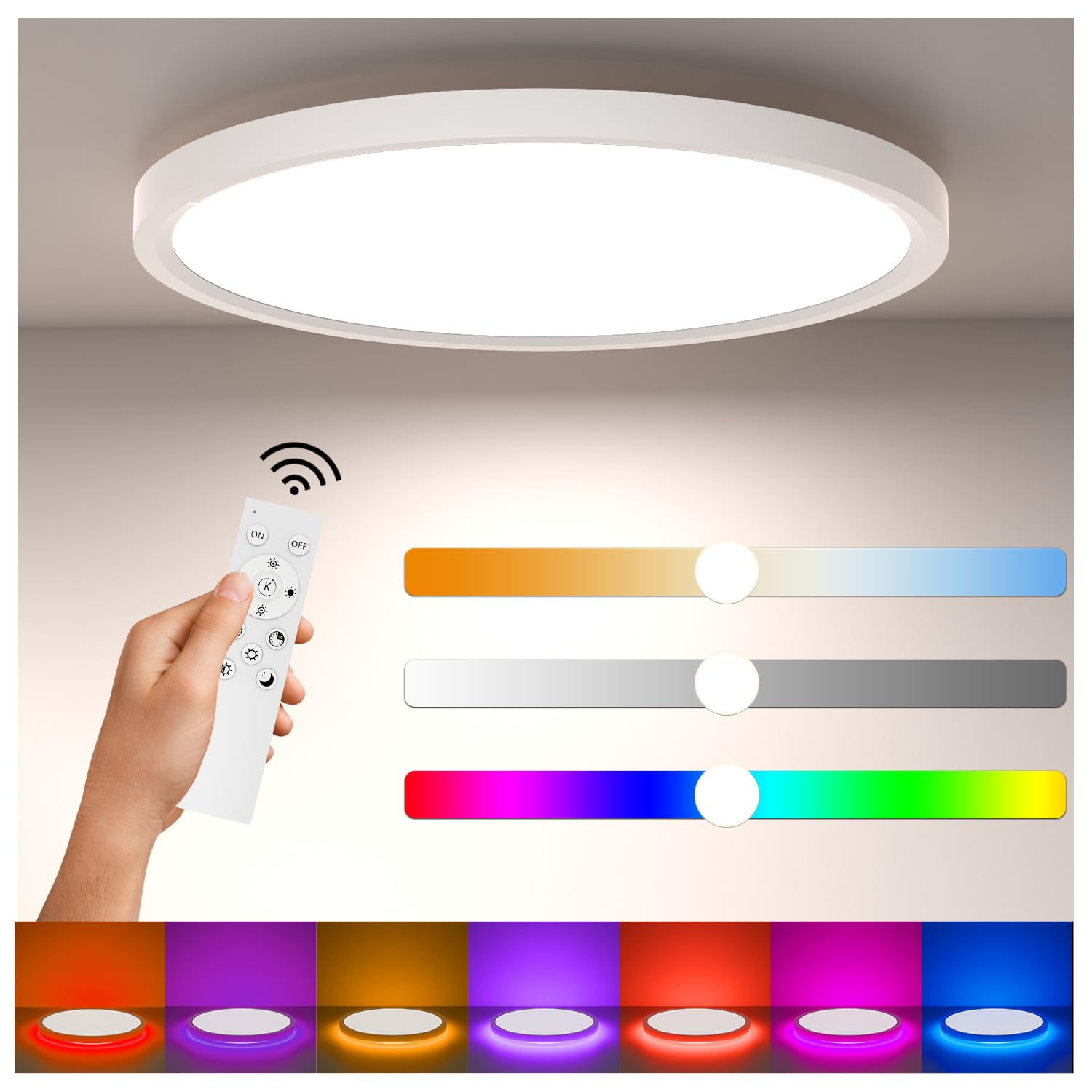 Luz de techo LED RGB que cambia de color regulable, lámpara de techo redonda plana de 33 W con aplicación de control remoto,luz nocturna y temporizador para dormitorio, cocina,balcón, baño