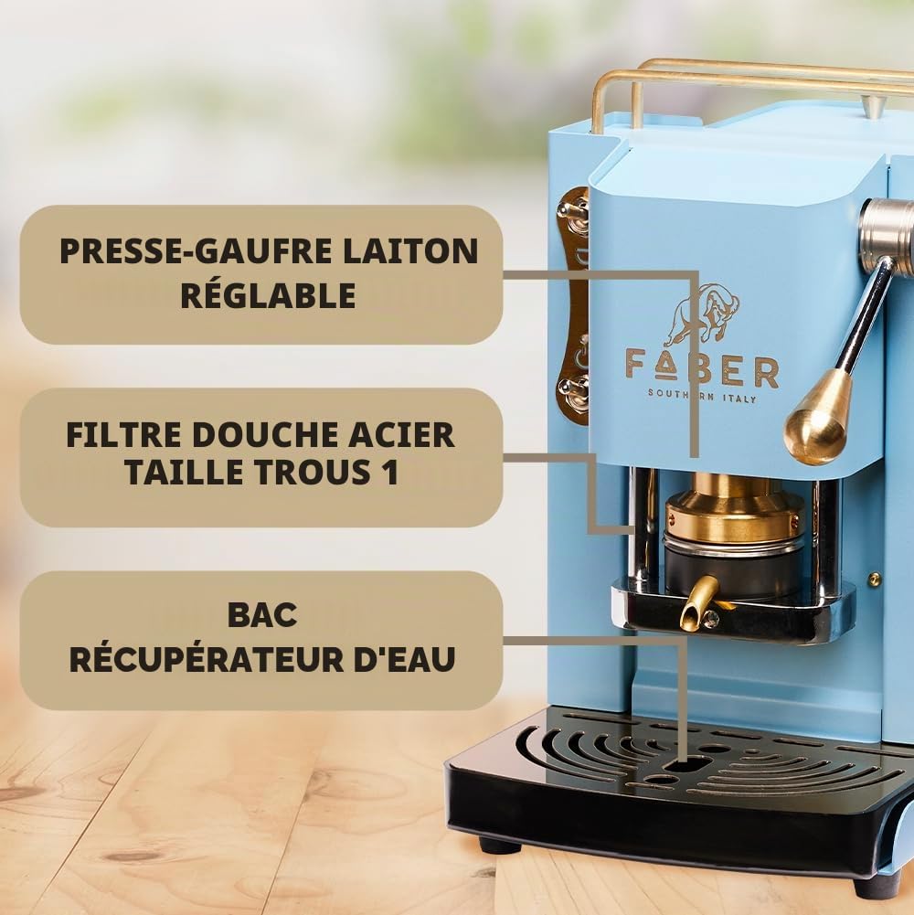 FABER COFFEE MACHINES | Modèle Pro Mini Deluxe | Machine à café à dosettes ese 44mm | | Pressacialda en laiton réglable (TURQUOISE)