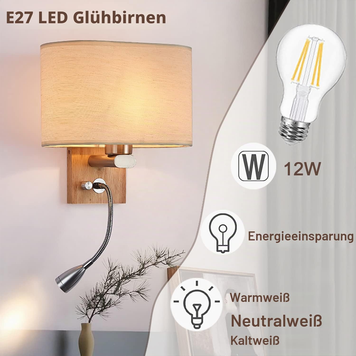 KZT Moderne LED Nachttisch Wandlampe mit Schalter 3 Farben Einstellbar Holz Wandleuchte Innen mit Leselampe E27 Stoffschirm Innenbeleuchtung für Schlafzimmer Wohnzimmer Kinder Hotel Büro Flurlampe