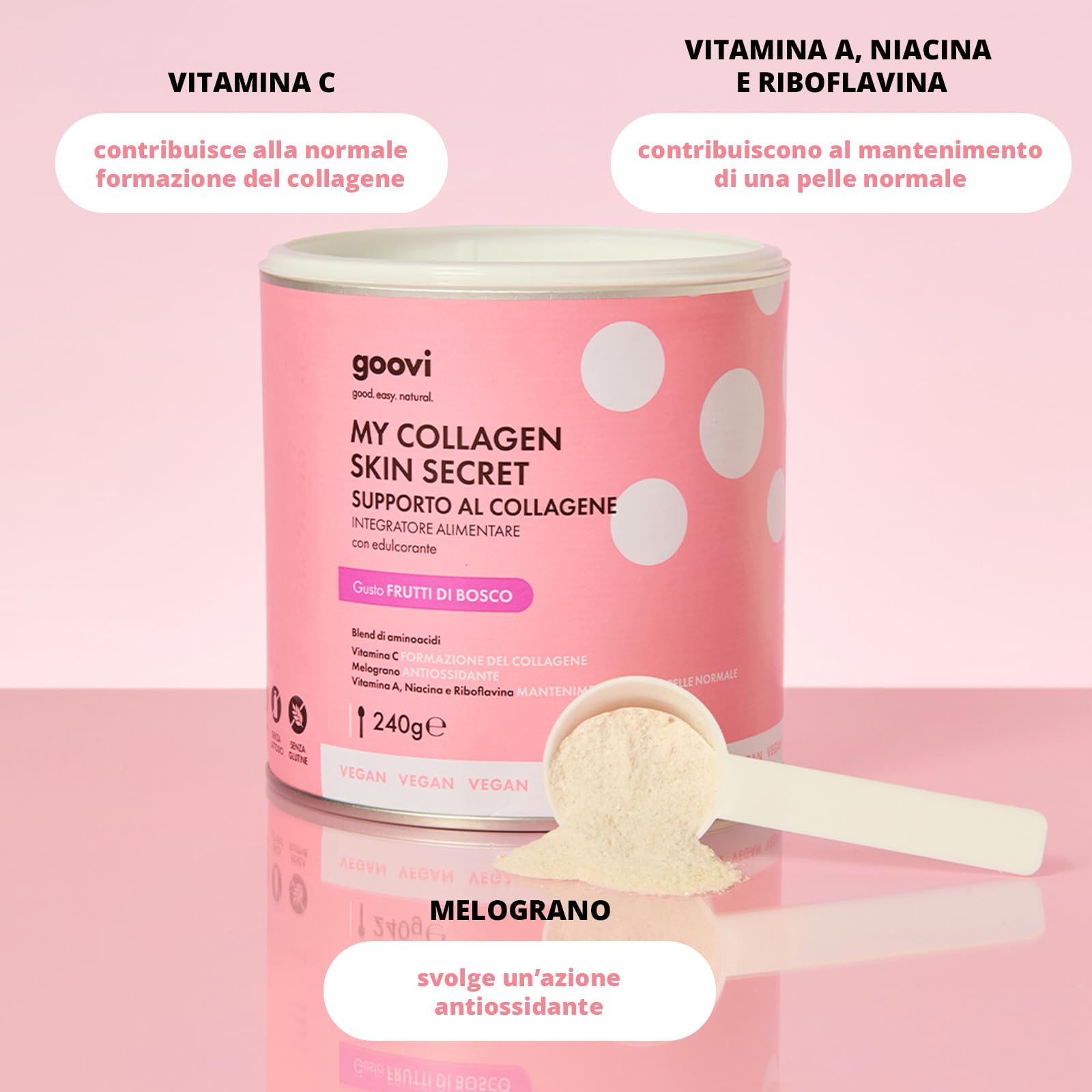 Goovi, My Collagen Skin Secret, Integratore Alimentare per Stimolare la Formazione del Collagene, con Vitamina C, Melograno, Niacina e Riboflavina, Polvere Solubile al Gusto Frutti di Bosco, 240 g