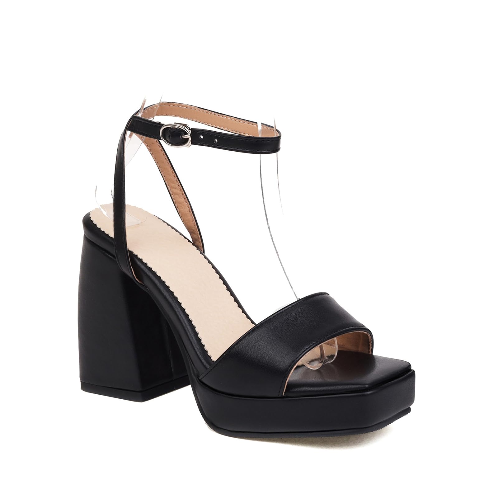Sandalias de Plataforma con Punta Cuadrada y Banda Simple, Tacones de Bloque con Correa Delgada Ajustable en el Tobillo
