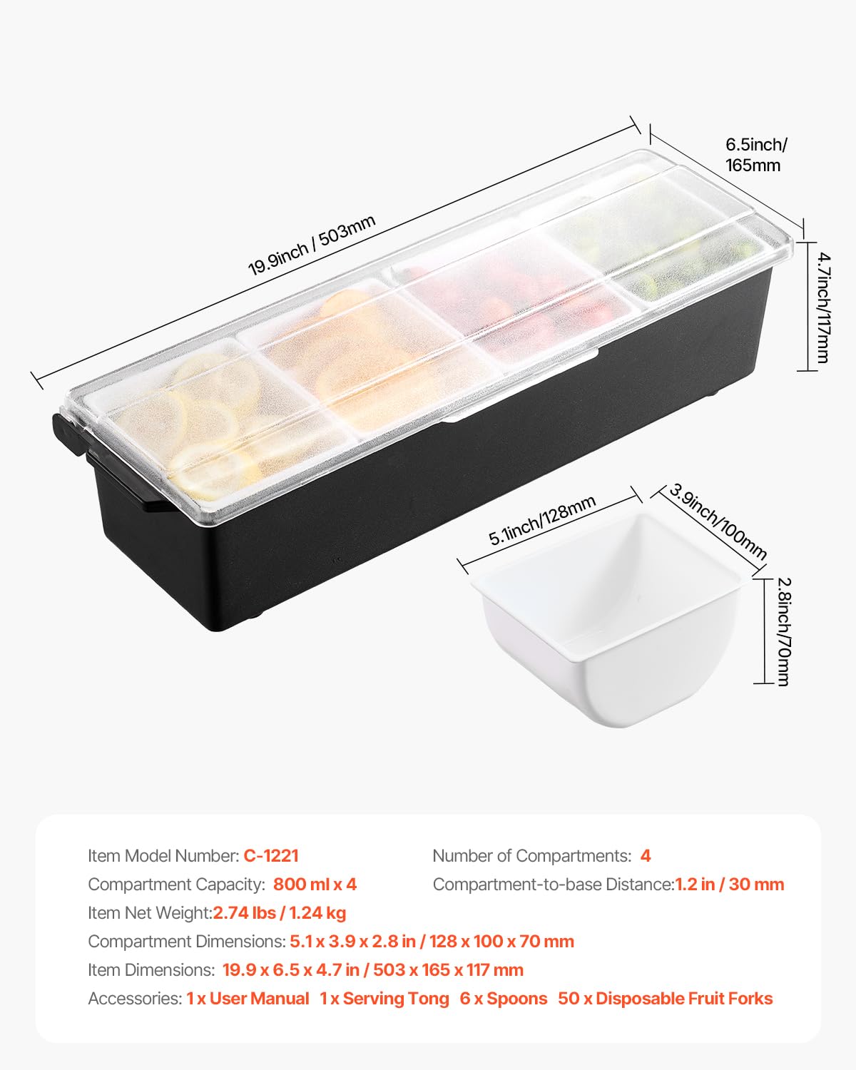 VEVOR Servidor de Condimentos Refrigerado, con 4 Compartimentos, Tapa para Guarniciones Refrigeradas, para Servir Ensaladas, Frutas, Suministros para el Hogar y Restaurantes, 503 x 165 x 117 mm