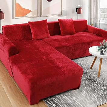 Stretch L-Shape Sofa Cover, Velvet 1 2 3 4 Seat Sectional Sofa Slipcover Soft Chaise Lounge Couch Cover Red.,4seat 90-118in