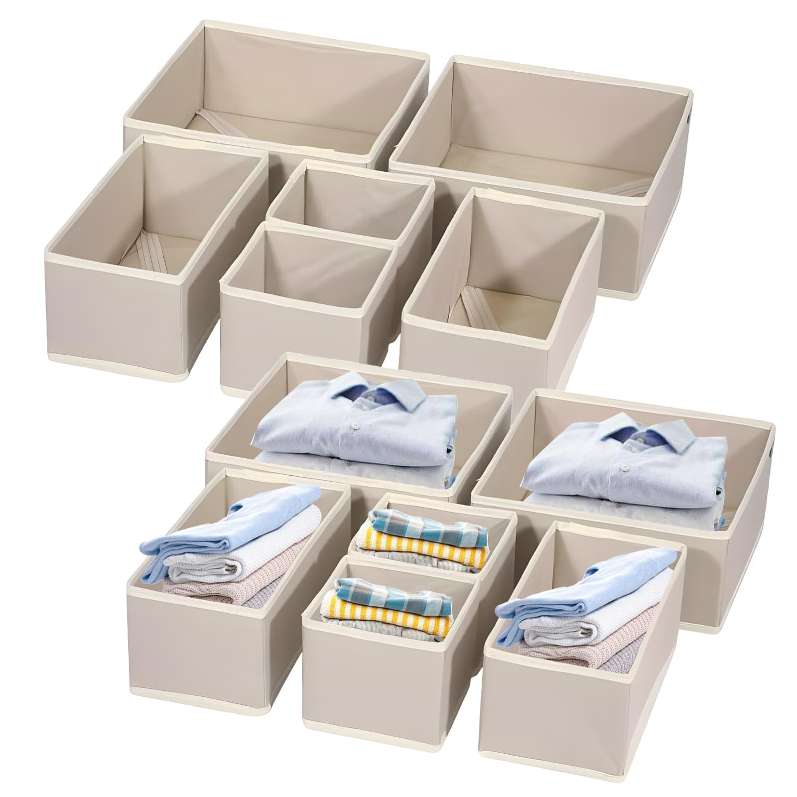 Dyuee Beige Clothes Drawer Organisers, 12-Piece Drawer Dividers, Folding Wardrobe Storage Organiser, Cloth Storage Box For For Clothes, Underwear, Bras, Socks, Lingerie, Clothing (Khaki)