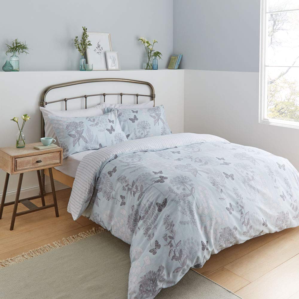 Catherine Lansfield Duck Egg Floral Butterfly Easy Care Single Duvet Set