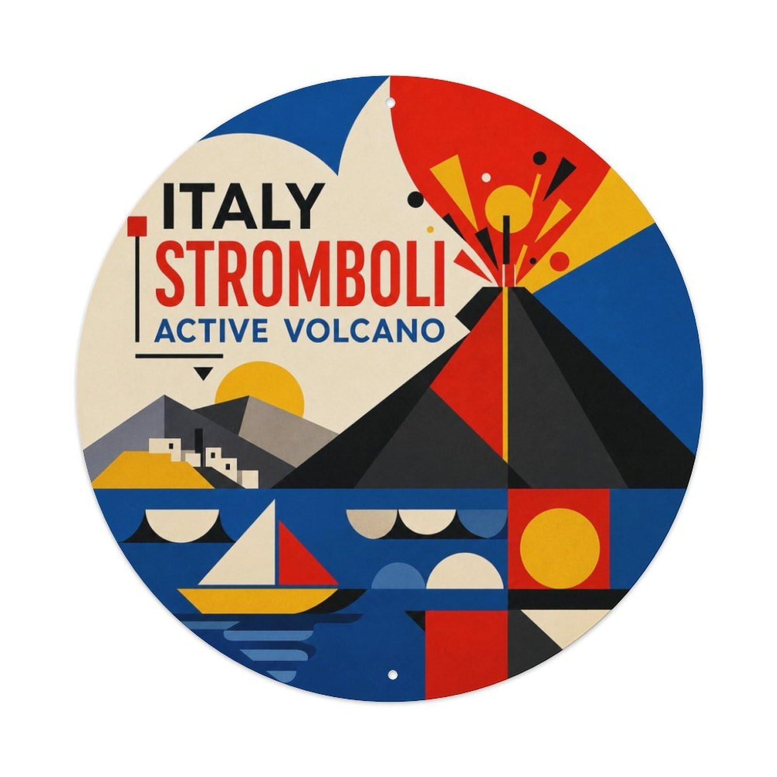 Italy Stromboli Active Volcano Geometric Island Geology Metal Tin Sign Plaque Wall Decor for Cafe, Man Cave, Club Bar, Office, Home Garden Round Metal Poster 8x8Inch