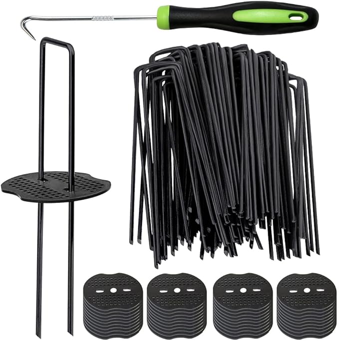 Bakulyor 50pcs Black Landscape Staples + 50pcs Buffer Washer, 6 Inch 11 Gauge Garden Stakes