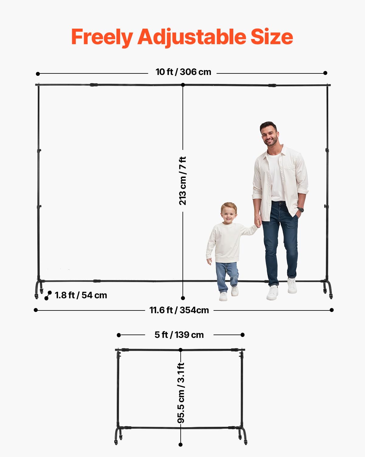 VEVOR Stojak na zdjęcia 213 x 300 cm, regulowany stojak na zdjęcia, ze stali węglowej, przenośny, z kółkami, do projekcji ślubnej, studia, fotografii, wystawy