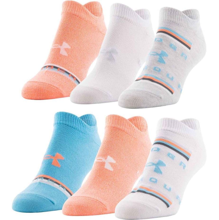 Under ArmourWomen's Essential Lightweight No Show Socks, 6 Pairs - Electric Tangerine/White/Blue - Medium