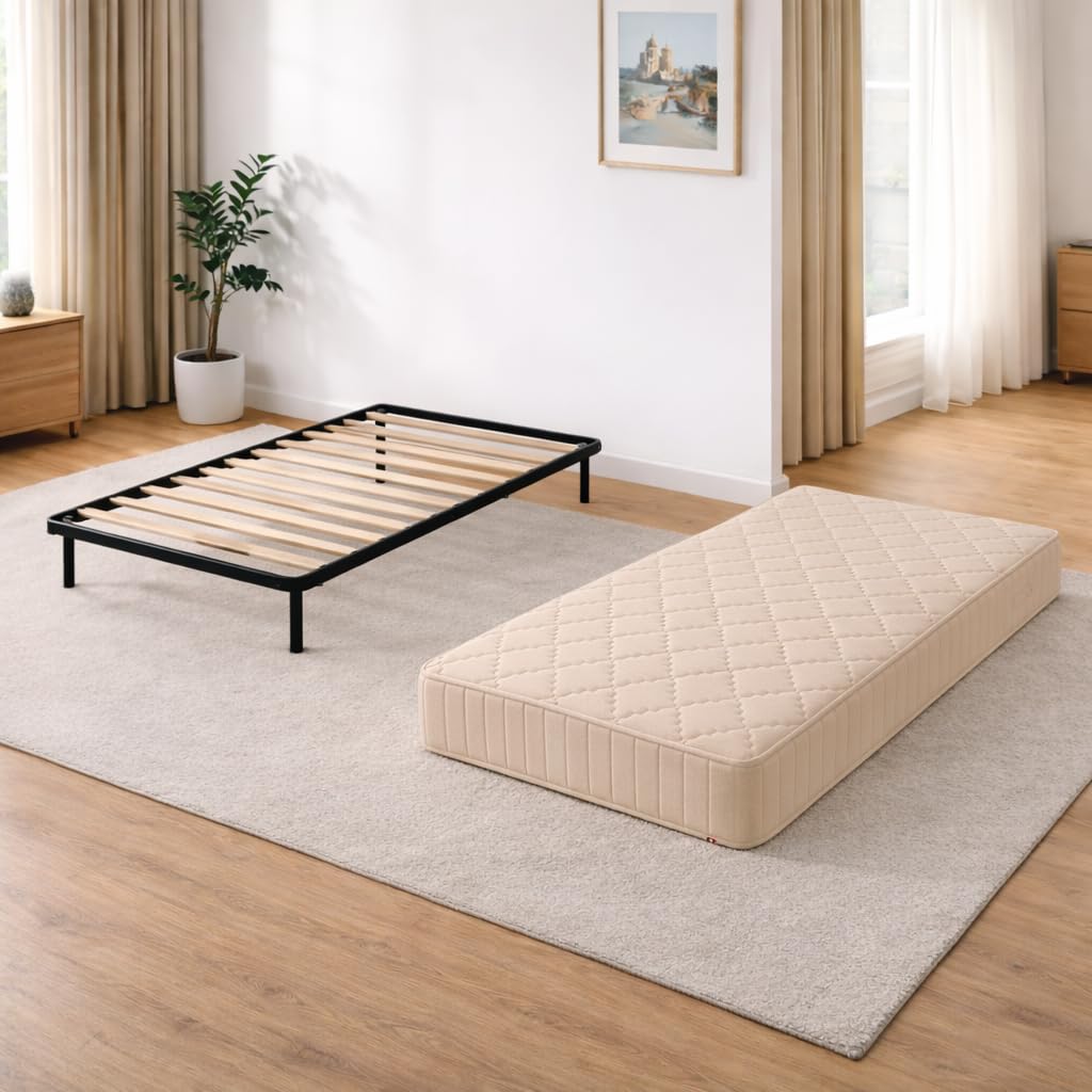 King of Dreams Ensemble Matelas Tissu Ignifuge 90x190 + Sommier Démonté + Pieds Offerts - Hauteur 20 cm - Confort Ferme - Mousse Extrêmement Durable embourrage 100% polesther - Anti feu