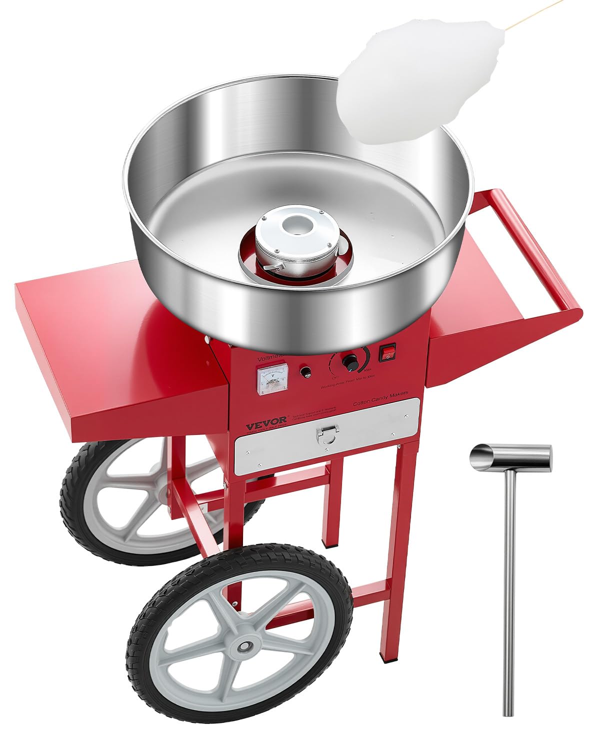 VEVOR Machine à barbe à papa électrique avec chariot, 1000 W, appareil à barbe à papa commercial avec bol en acier inox 52 cm, cuillère à sucre et tiroir, pour fêtes d'anniversaires d'enfants, rouge