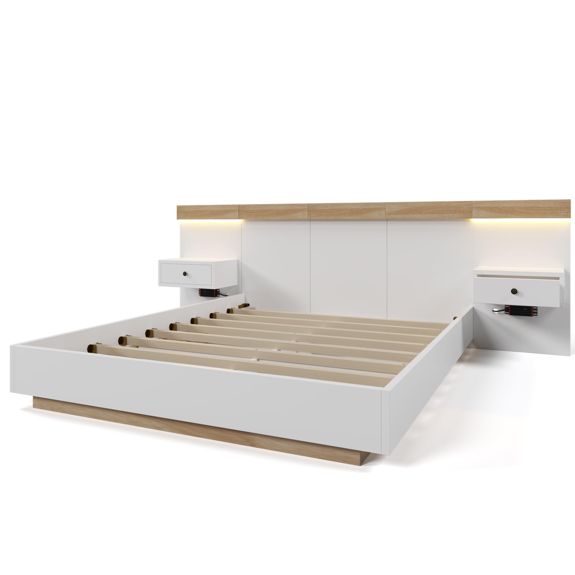 Dolamaní Dormitorio Juego completo 180 x 200 cm, cama doble con 2 mesitas de noche, cama de madera con cabecero y marco de cama, con 2 cajones, blanco (doble*180, con mesita de noche)