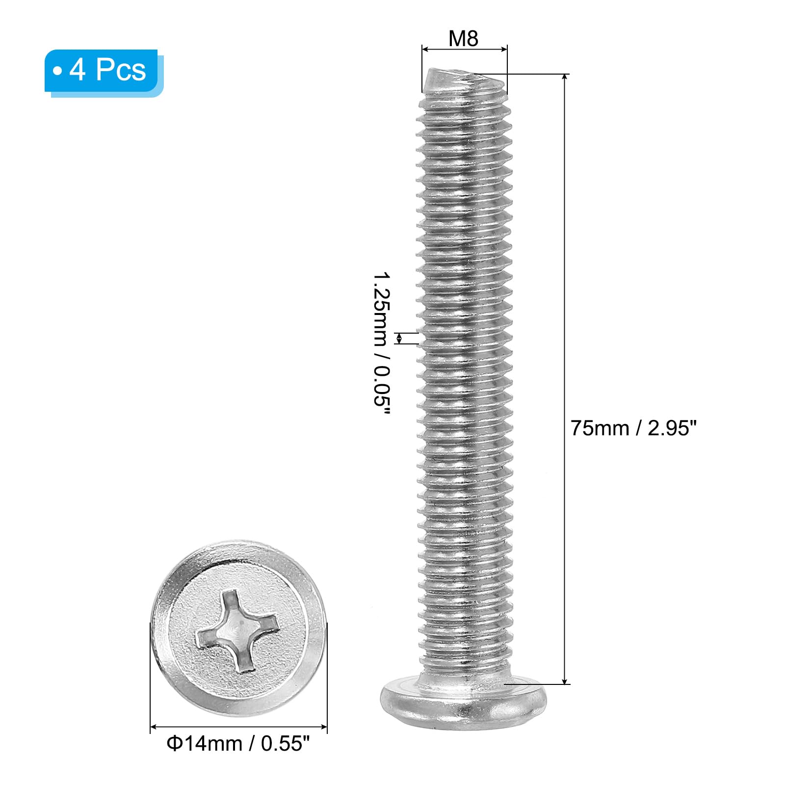PATIKIL Flat Round Head Phillips Screws, 4 Pack M8-1.25 x 75mm Binding Screws 304 Stainless Steel 18-8 Full Thread - Image 2