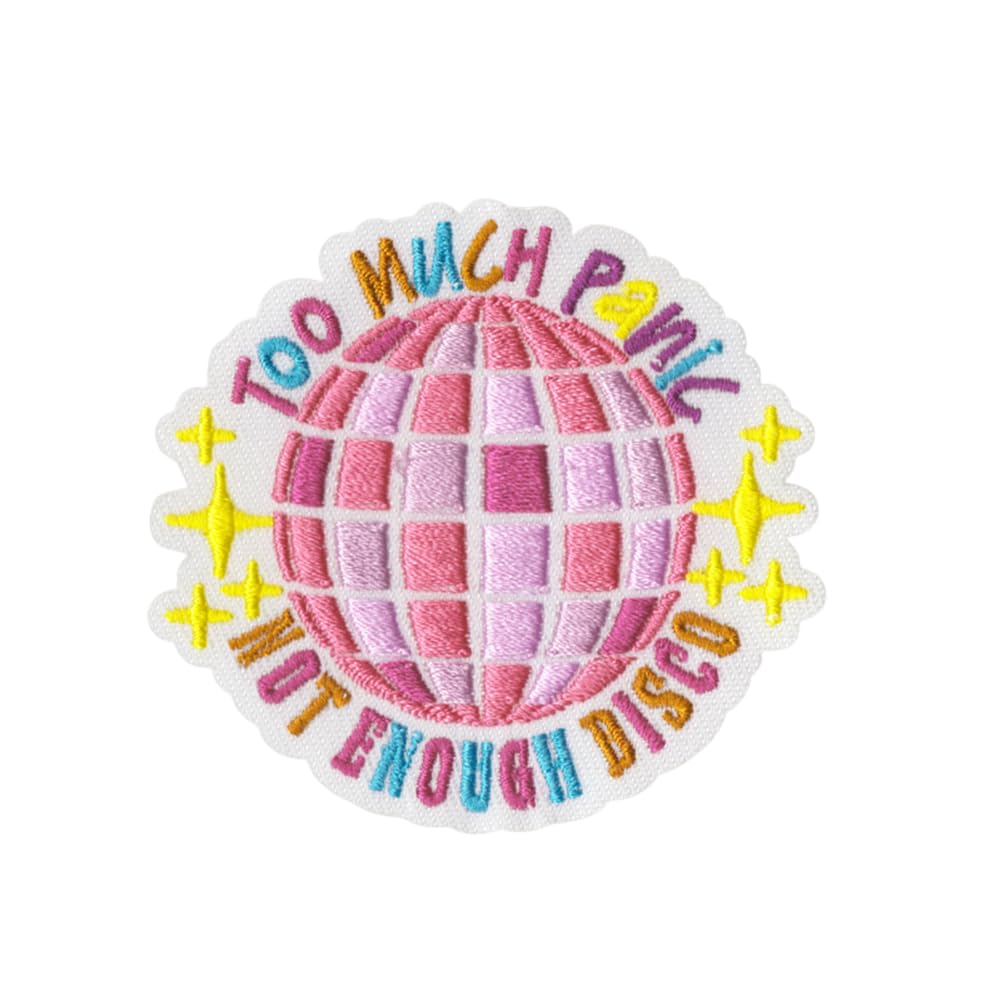 Too Much Panic Not Enough Disco Embroidered Iron On Patch, Pink Disco Ball Design, 6.7cm x 6.2cm, Sew On Applique for Jeans, Backpacks, Clothes
