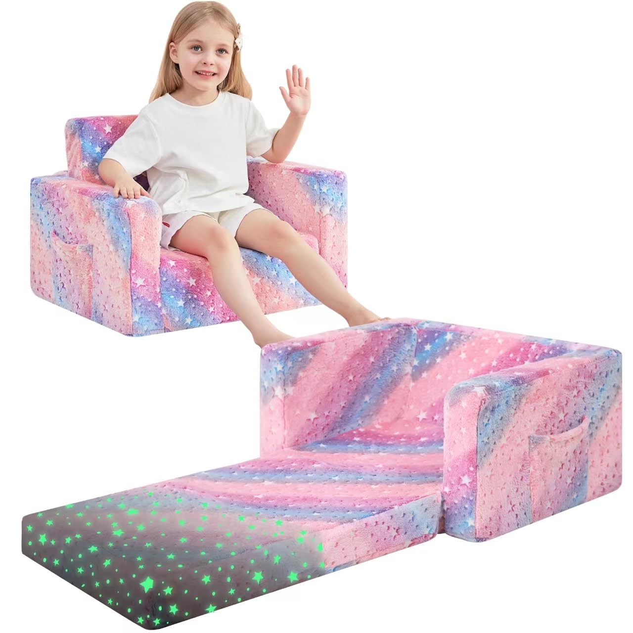 lasoftan Kids Sofa for Toddler, 2-in-1 Toddler Fold Out Couch Glow in The Dark, Convertible Sofa to Lounger Bed for Girls and Boys, with Removable
