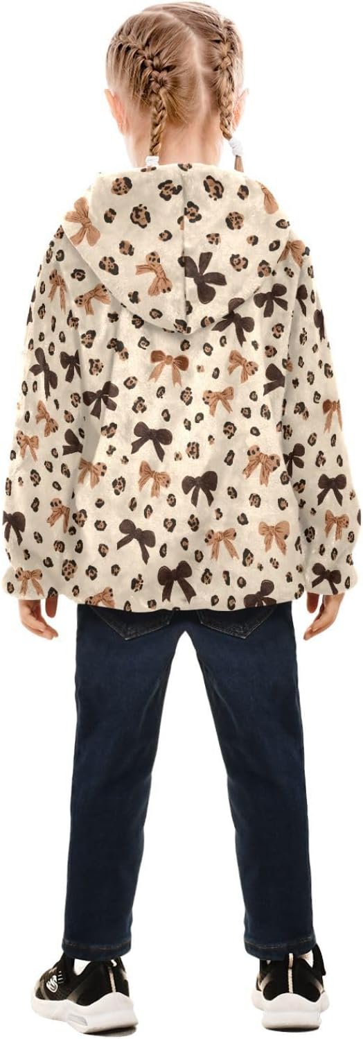 Girls Hoodie Outfit Brown Leopard Print Bow Pattern Zipper Sweatshirt Coat Fleece Jacket for Kids 3-10T