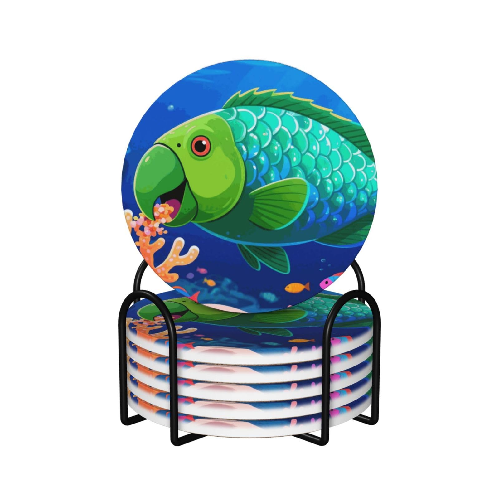 Dessous de verre poisson en céramique absorbante avec support et liège (Lot de 6)