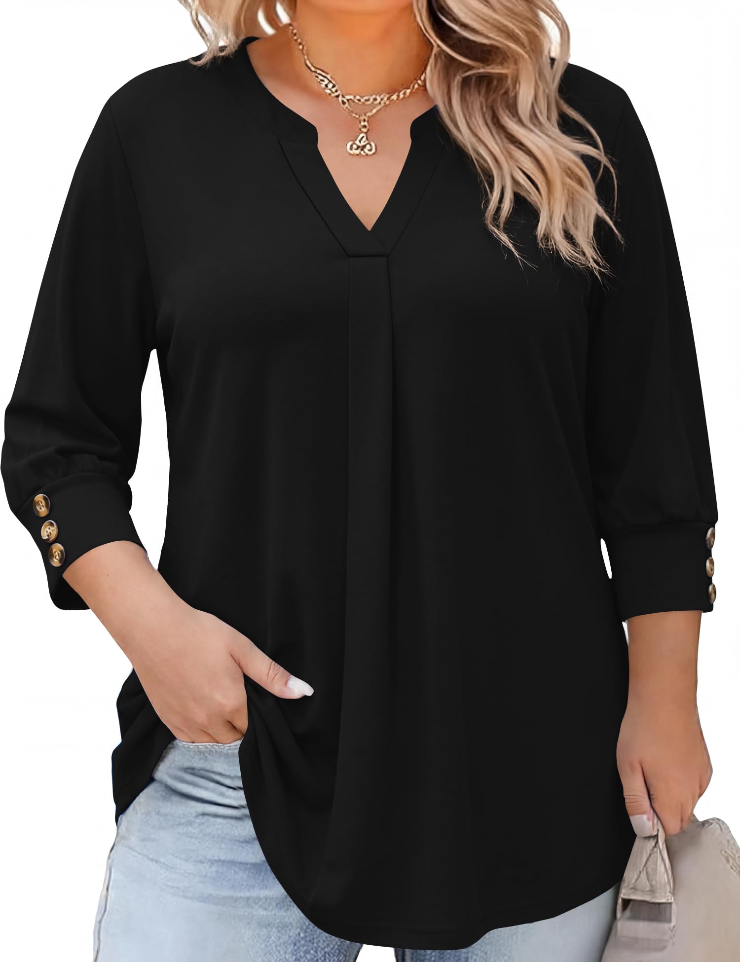 TFSDOD Womens Plus Size Tops 3/4 Length Sleeve Womens Tops V Neck Blouses Pleated Tunic Plus Size Fashion (1X-5X)