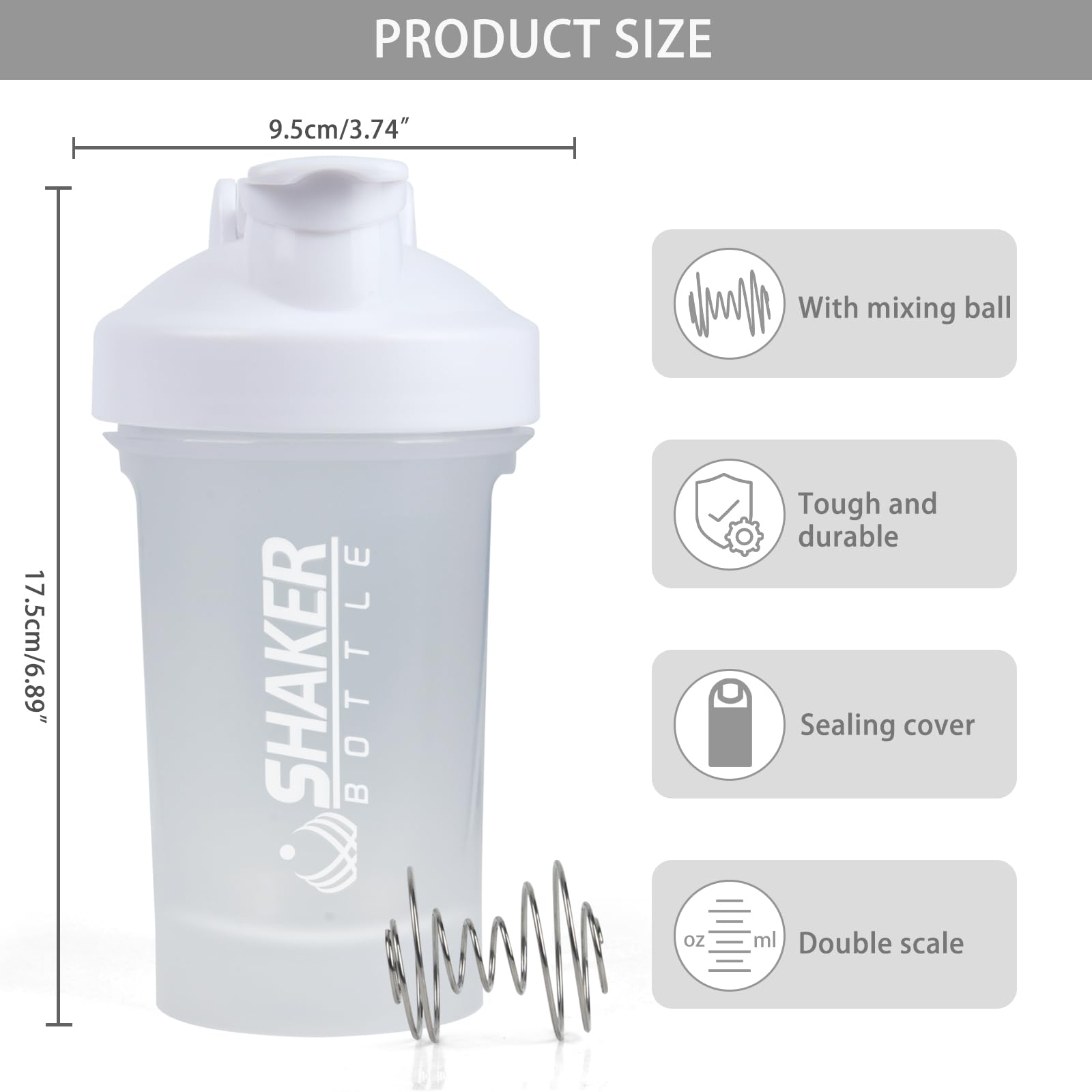 Botella mezcladora, botella pequeña de 400 ml con bola mezcladora, portátil de 14 onzas para gimnasio, para entrenamiento, sin BPA, 100 % a prueba de fugas, apta para lavavajillas (blanco)