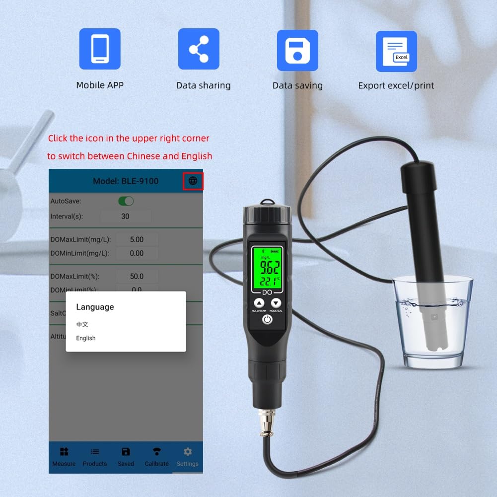 Medidor Digital de oxígeno disuelto Bluetooth, analizador Profesional de oxígeno disuelto, probador de concentración de oxígeno 0,0-40,0 MG/L