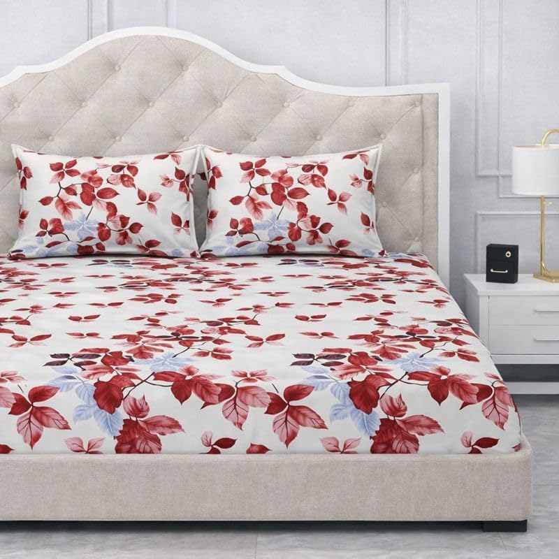 Image of 380 TC Premium Glace Cotton Elastic Fitted Bedsheet King Size with 2 Pillow Covers King Size | Double Bed with All Around Elastic (White Red, Fitted - Double72x72)