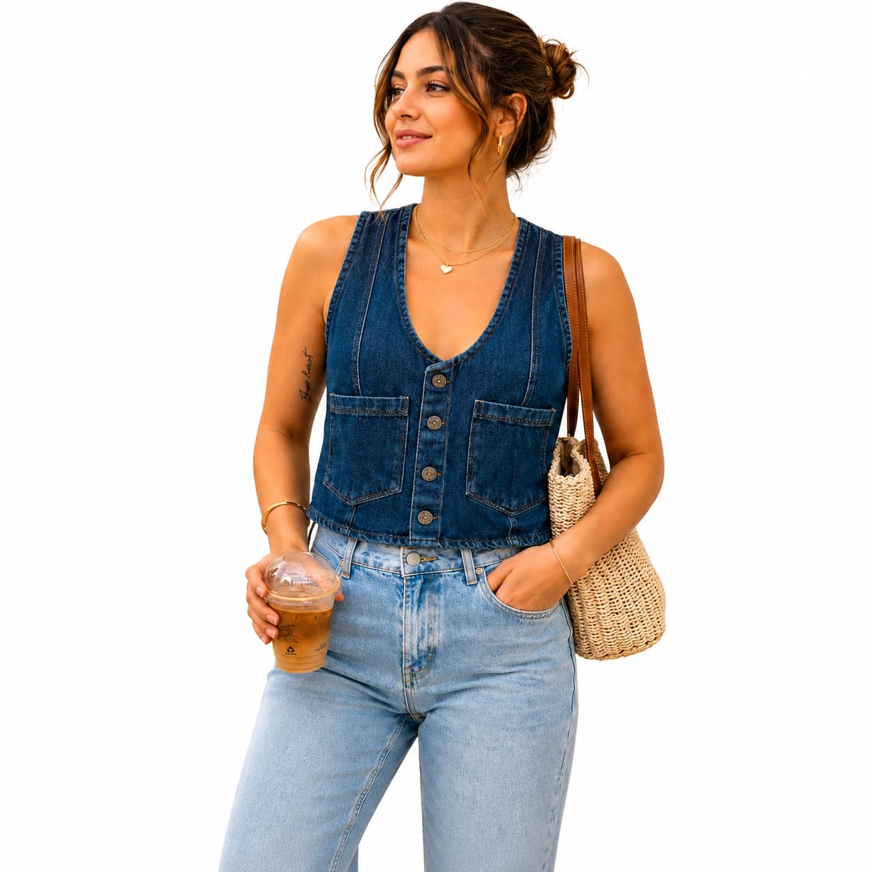 Women's Denim Vest Top, Dark Blue Button-Down Sleeveless-picture-58