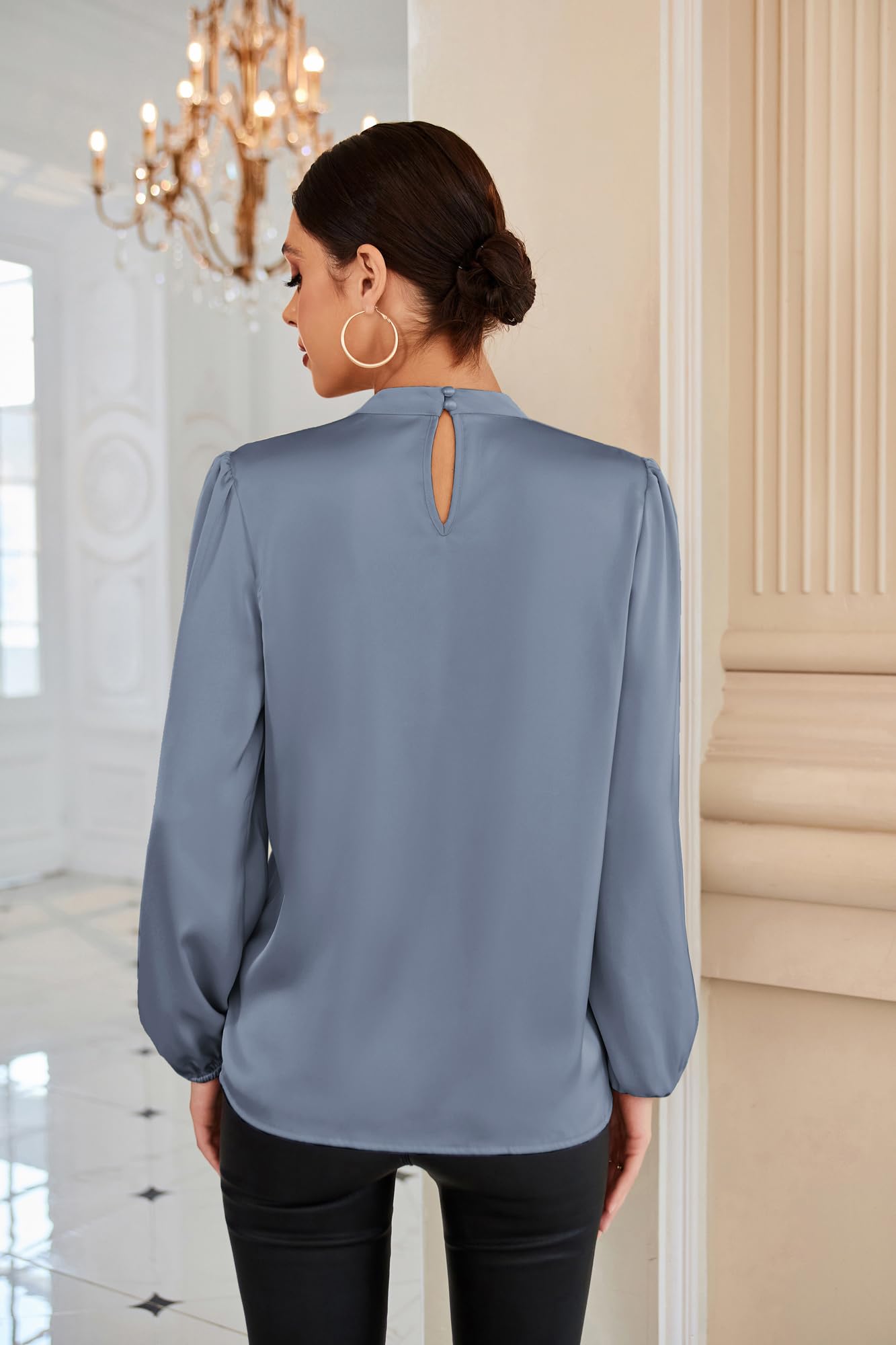 GRACE KARIN Blusa Elegante Donna Maniche Lunghe Tinta Unita con Bottoni Scollo a V da Ufficio Casual