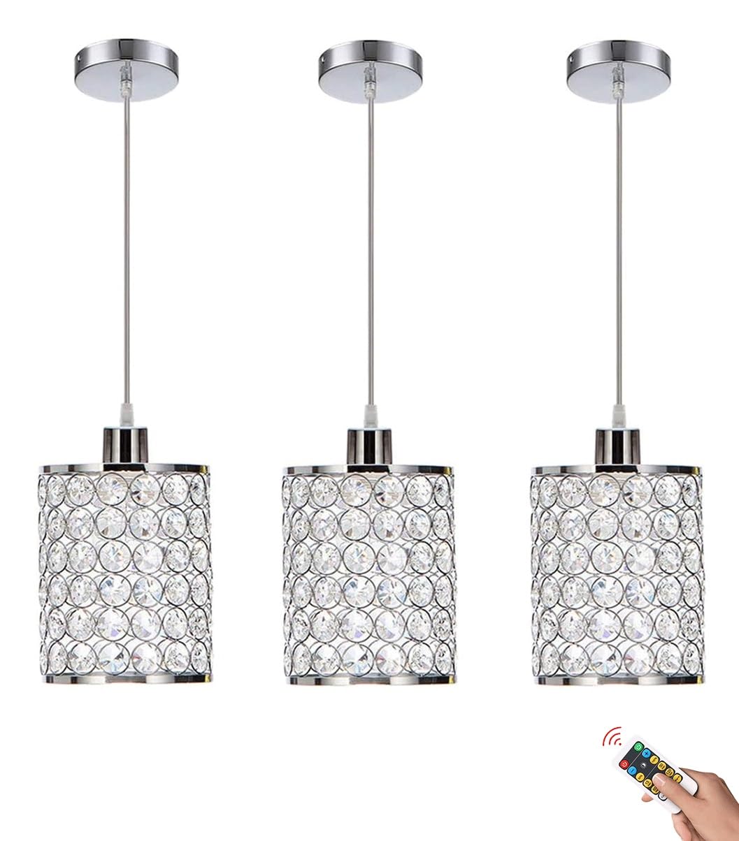 LYMSXAZOU Wireless Rechargeable Pendant Light with Remote Control Battery Powered Crystal Chandelier for Kitchen Island and Dining Table