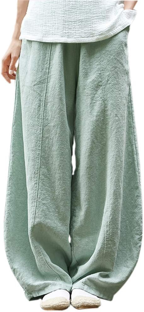 Gordon Q Women's Casual Loose Elastic Waist 100% Linen Comfort Trousers Green