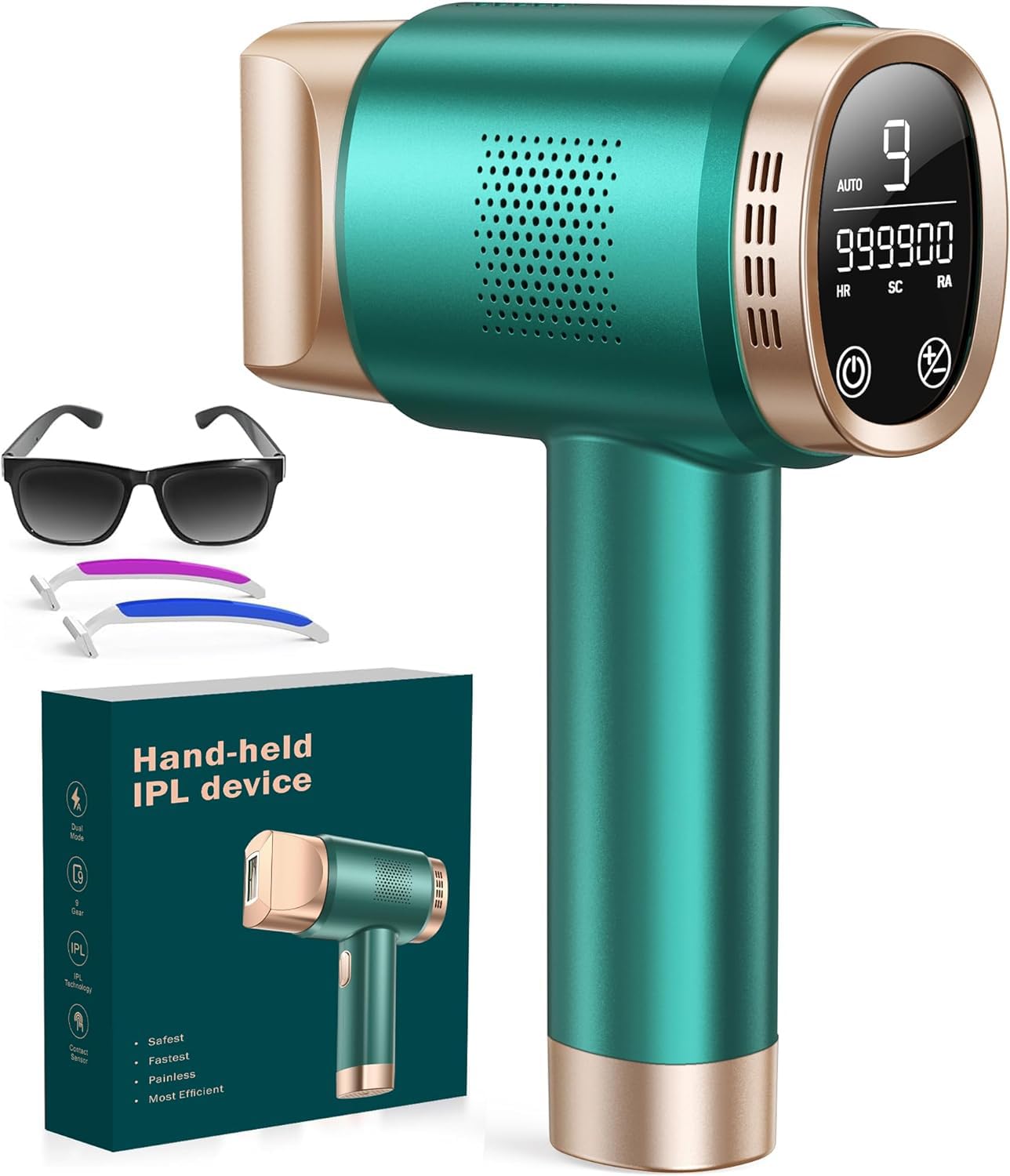 3 en 1 Depiladora Laser IPL con Pantalla Táctil LCD, HR/RA/SC, 9 Nivel de Energía, 999.900 Luz Pulsada, Depiladora Luz Pulsada para Piernas, Bikini, Axilas, Cara, Cuerpo, Verde