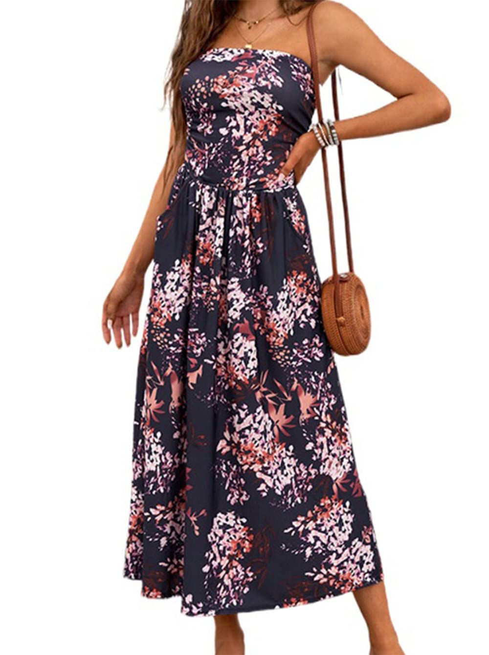 811 - Smocked Chest Strapless Tube Long Maxi Beach Cover-up Dress