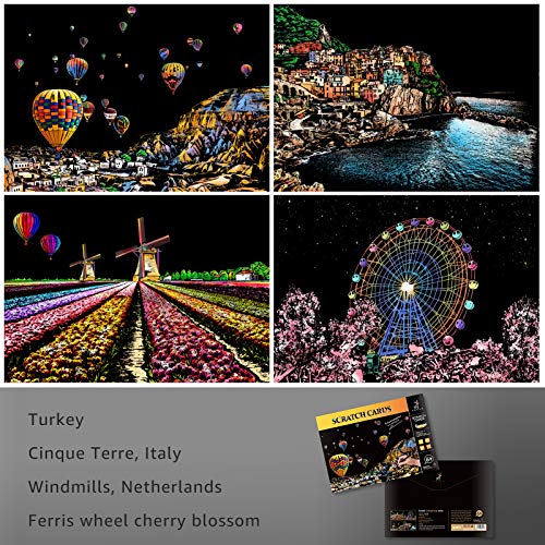 Scratch Art For Teens & Adults, Rainbow Engraving Painting Landscape Scratchboard(A4) Crafts Set: 8 Sheets With 4 Tools - New York, Statue Of Liberty, Golden Gate Bridge, Manarola (America/Europe) #TOP3