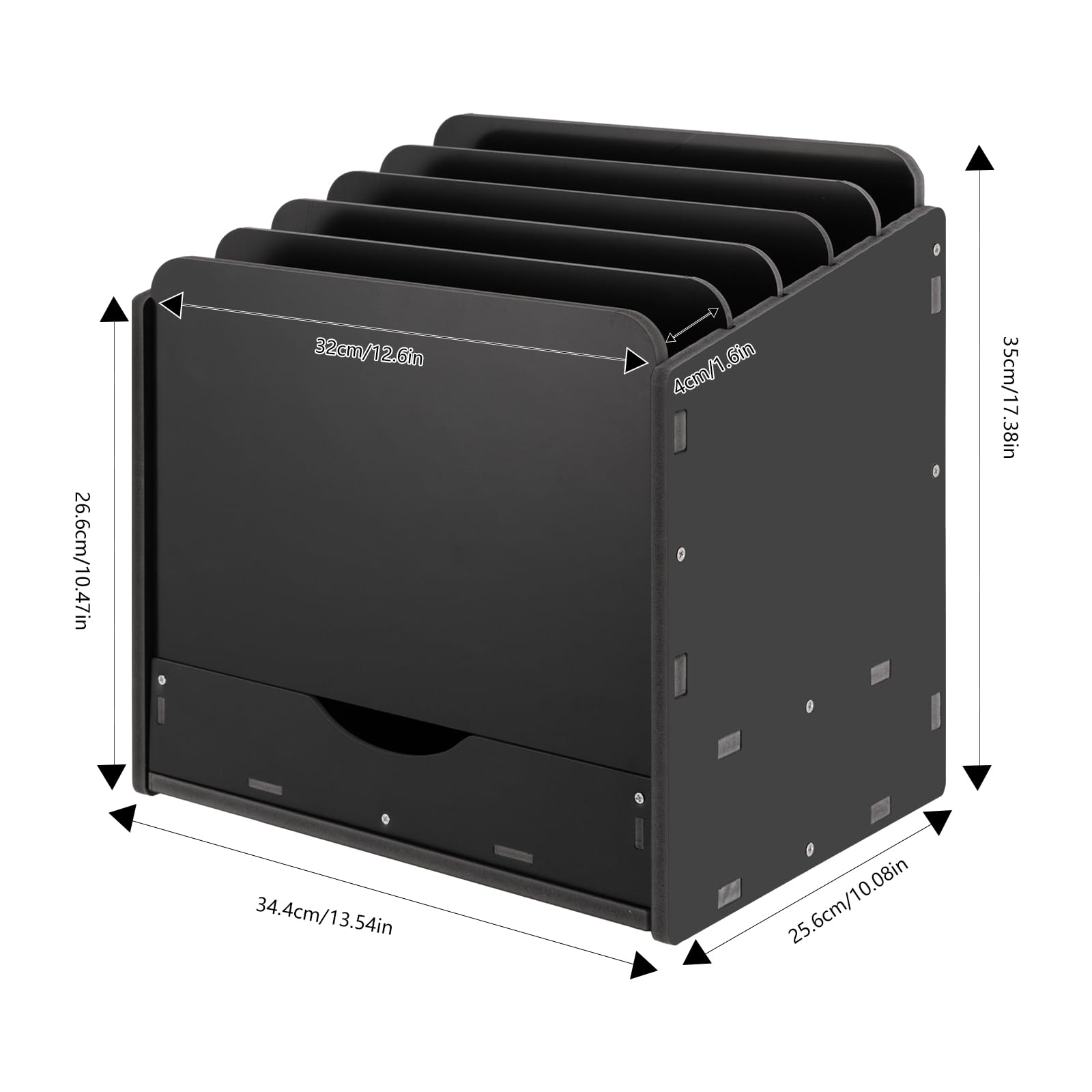 Organizer do poczty biurkowej z metalowej siatki na przybory biurowe, 34,4 x 25,6 x 35 cm, organizer na dokumenty z szufladą i 5 przegródkami, czarny, litery do domu