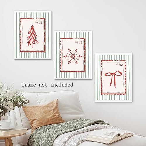 Miniatura 6 de Juego de 3 carteles de arte de pared de invierno, diseño retro de Navidad, impresiones en lienzo para decoración acogedora de Navidad, 8 x 12