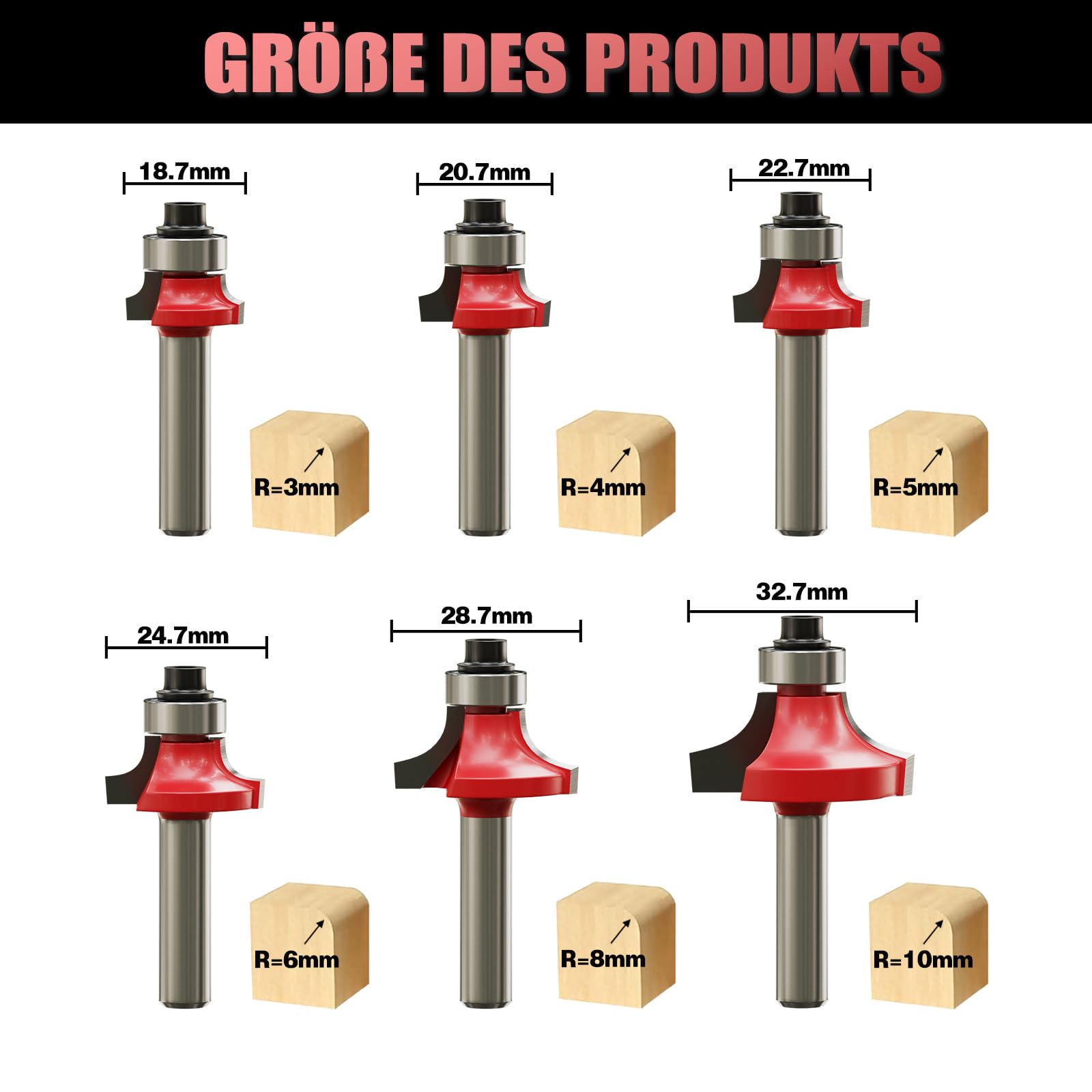 CSOOM 6 Stück 8mm Schaft Abrundfräser Standard Rundfräser Set, Hartmetall Runde Über Fräser Bits Oberfräsen-Bits Kantenfräser Radiusfräser für die Holzbearbeitung