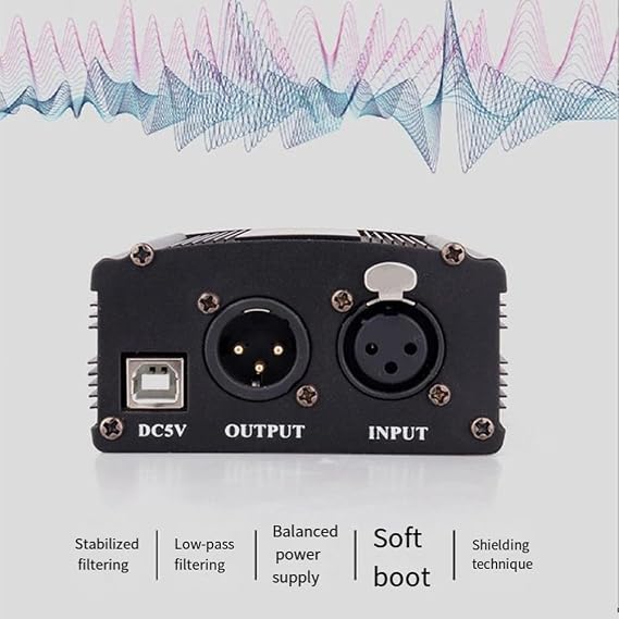 1-Channel 48V Phantom Power Supply with XLR 3 Pin Microphone Cable for Condenser Microphone Music Recording Equipment