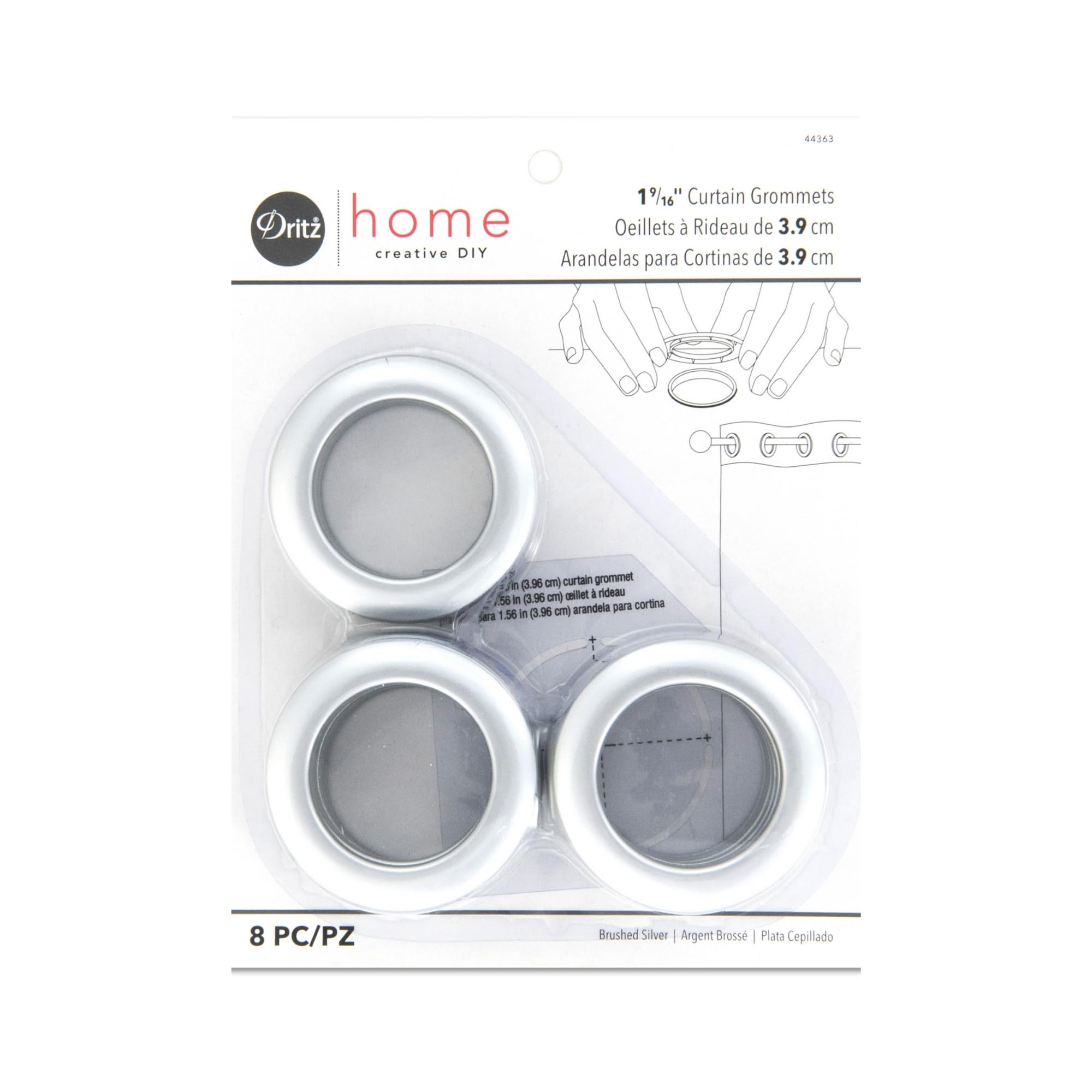 Photo 1 of Dritz Curtain Grommets, 1-9/16" (40 mm) Inner Diameter, Heavy-Duty Plastic, Brushed Silver Color, Snap-On Design, Tool-Free Installation, 8-Pack